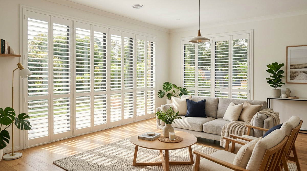 A crisp, full-width photo of a modern, sunlit living room featuring brilliant white plantation shutters with light streaming through the slats.